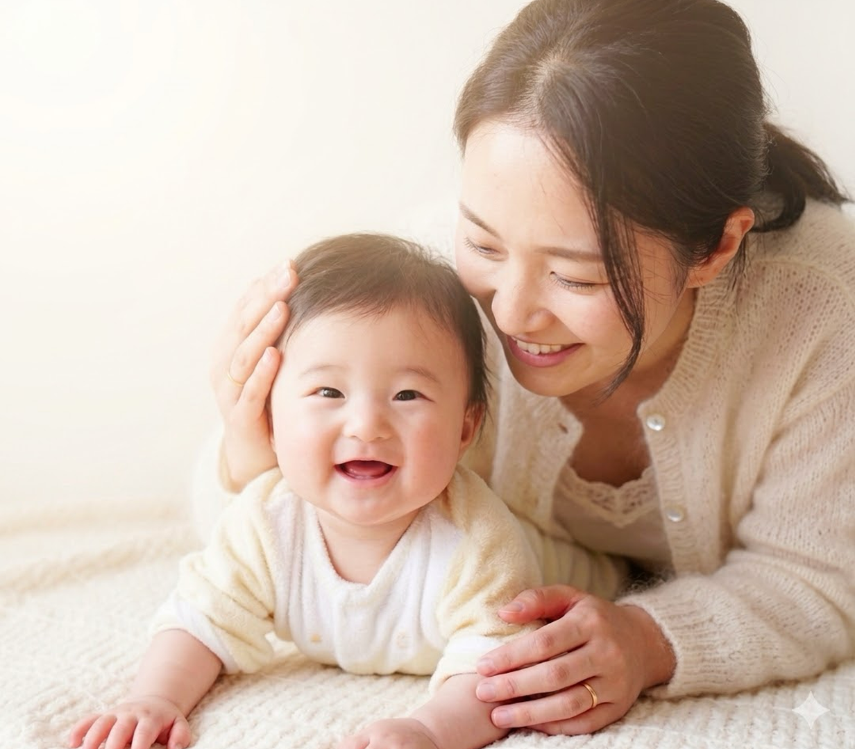 陽の光の中の赤ちゃんと家族